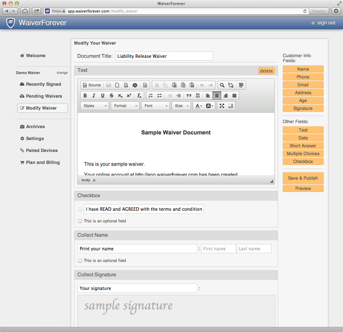 Create Waiver